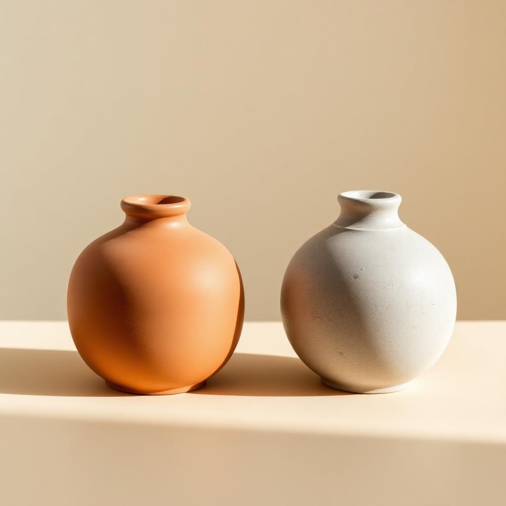 Two ceramic vessels side by side, one terracotta and one stone grey, representing AEO and SEO