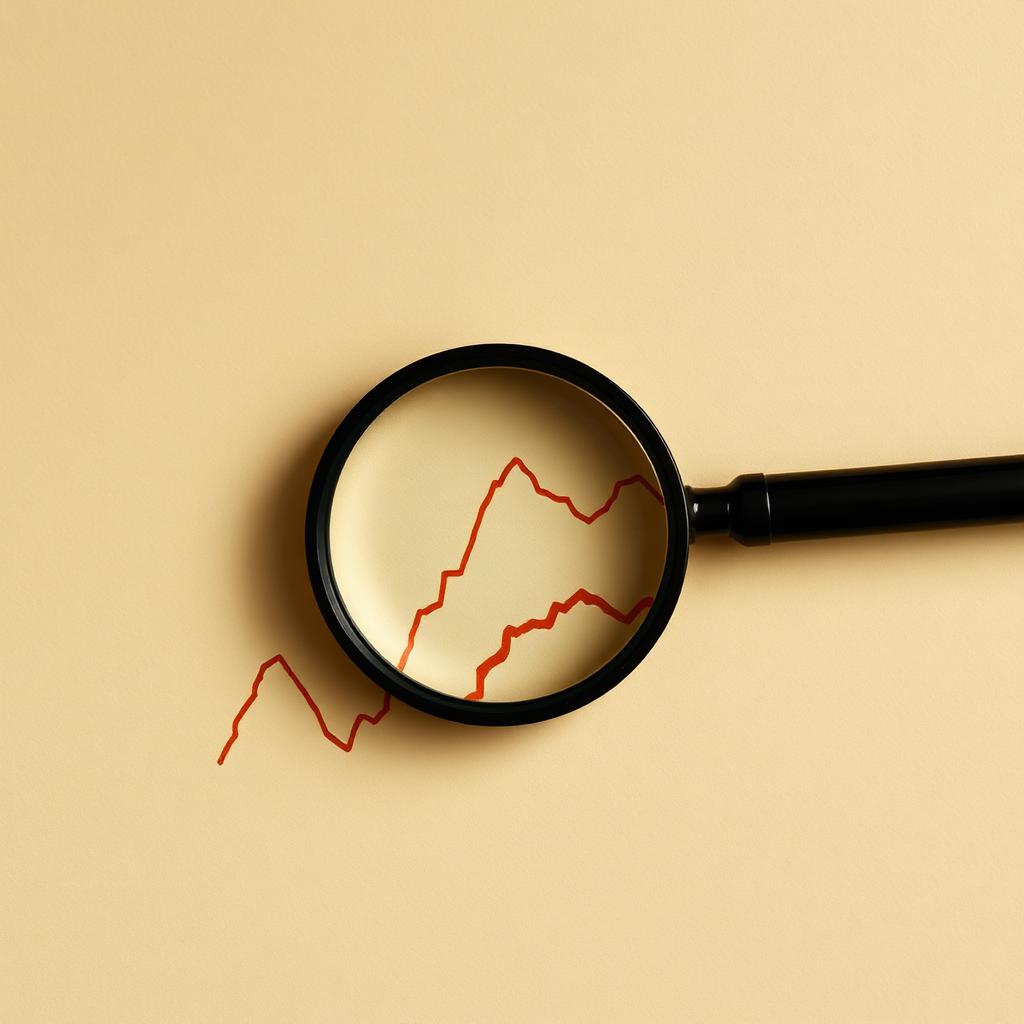 Magnifying glass over a chart line in warm terracotta tones, representing AI brand visibility tools
