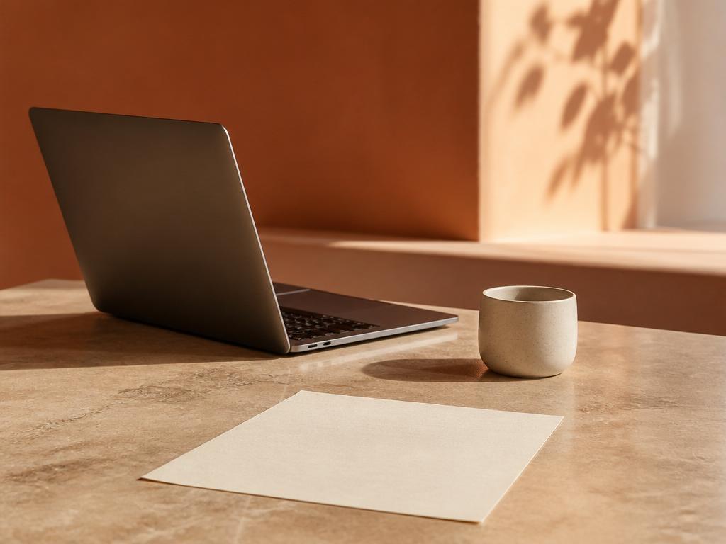 Modern laptop and warm notebook arranged on a clean desk, symbolising the foundations of GEO