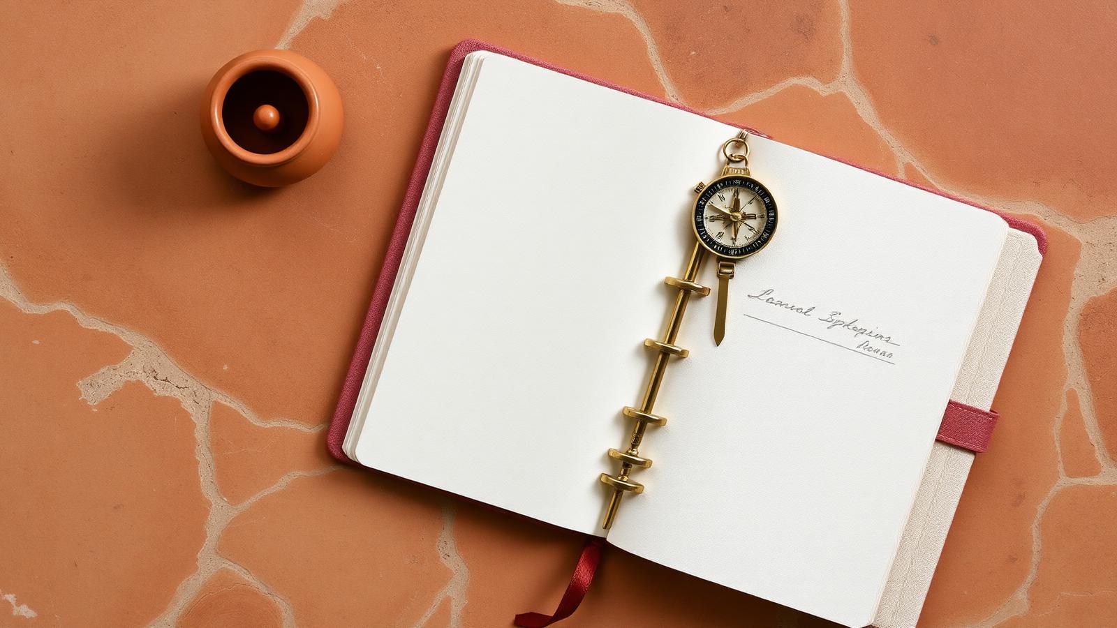 Open cream planner with brass compass on terracotta tiled surface, representing a B2B GEO strategy