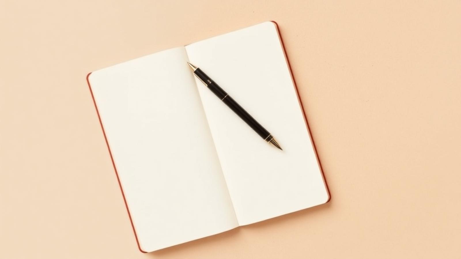 Open cream notebook with a black pen on a warm peach background, representing AEO content structure for B2B SaaS